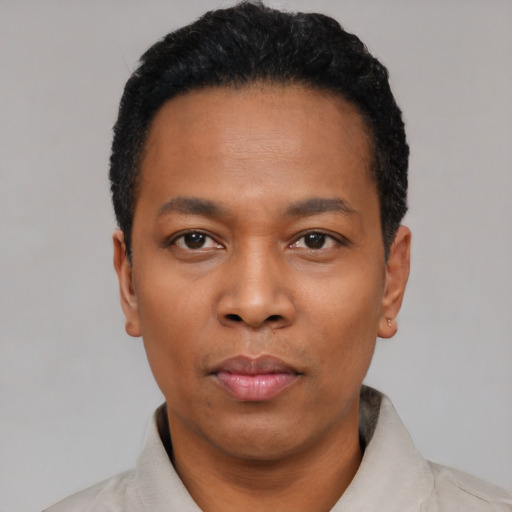 Neutral black young-adult male with short  black hair and brown eyes
