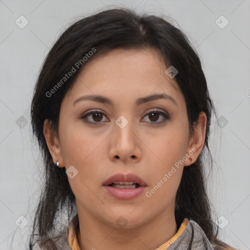 Neutral asian young-adult female with medium  brown hair and brown eyes