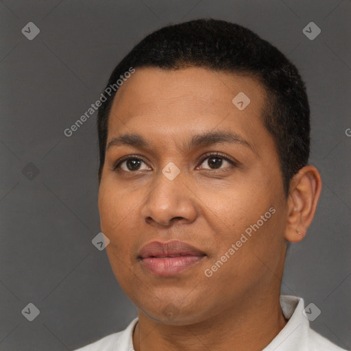 Joyful black young-adult female with short  black hair and brown eyes