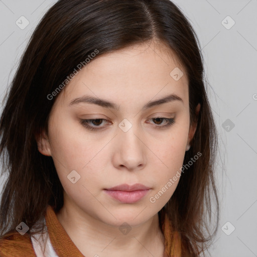 Neutral white young-adult female with medium  brown hair and brown eyes