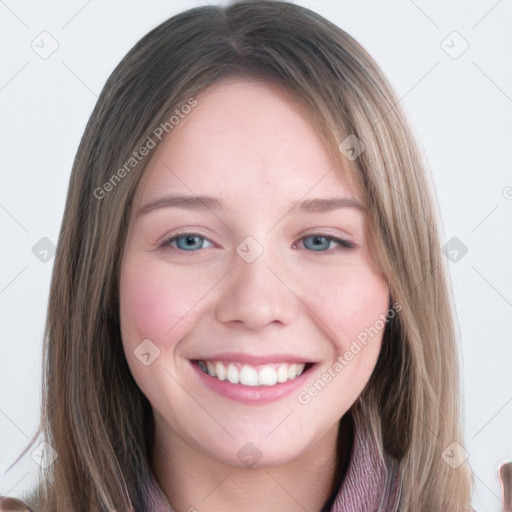 Joyful white young-adult female with long  brown hair and blue eyes