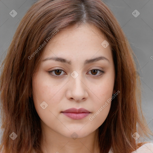 Neutral white young-adult female with medium  brown hair and brown eyes