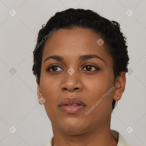 Neutral black young-adult female with short  brown hair and brown eyes