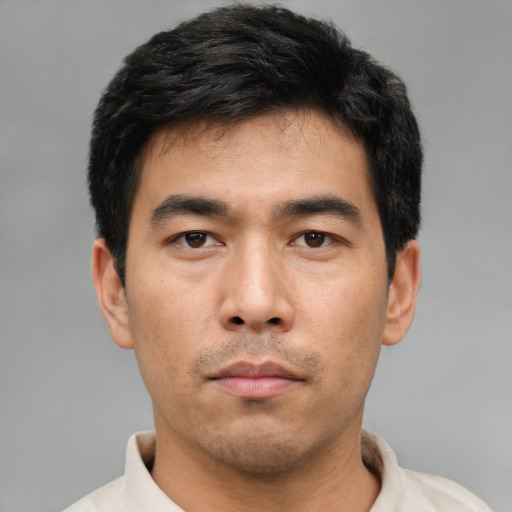 Neutral asian young-adult male with short  black hair and brown eyes