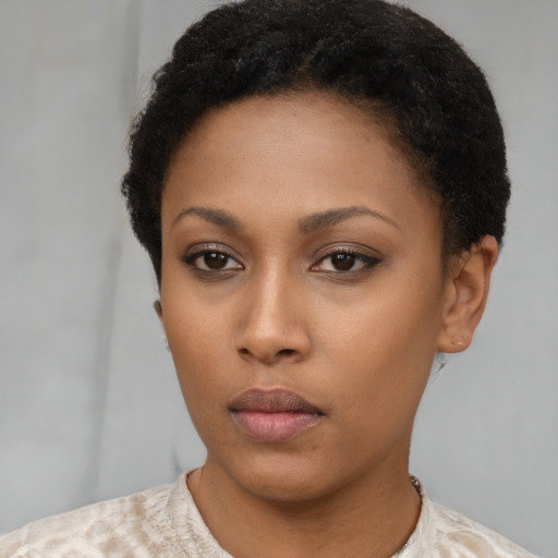 Neutral latino young-adult female with short  brown hair and brown eyes