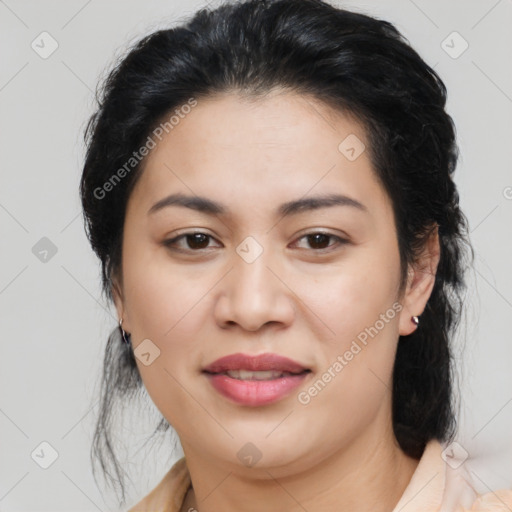 Joyful asian young-adult female with medium  black hair and brown eyes