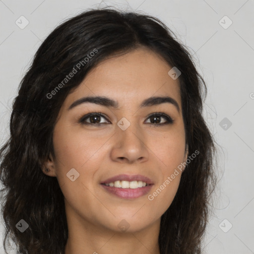 Joyful latino young-adult female with long  brown hair and brown eyes