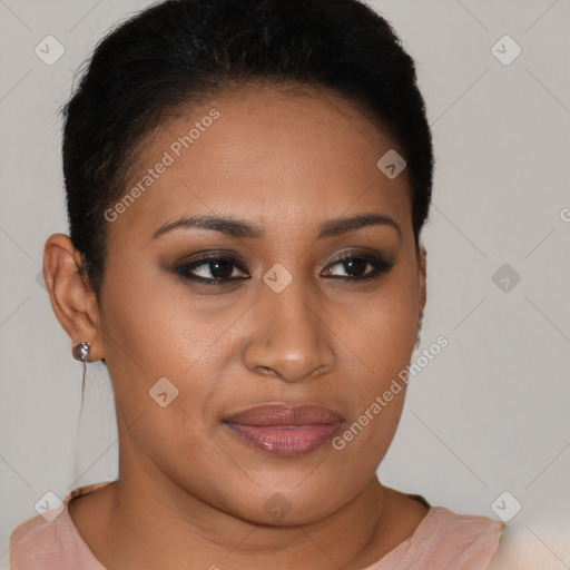 Joyful black young-adult female with short  brown hair and brown eyes