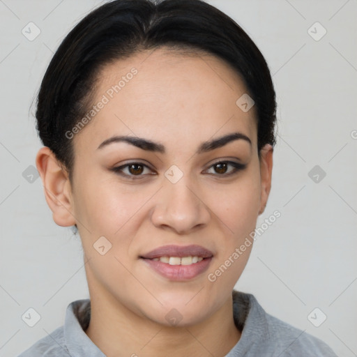 Joyful asian young-adult female with short  brown hair and brown eyes