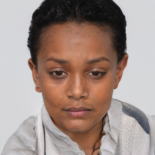 Neutral black young-adult female with short  black hair and brown eyes