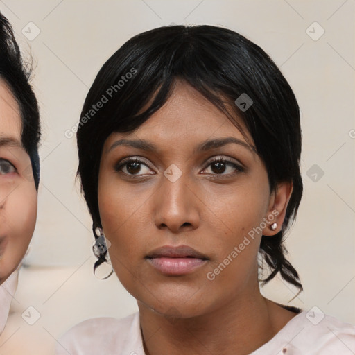 Neutral asian young-adult female with medium  black hair and brown eyes