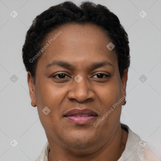 Joyful black adult female with short  brown hair and brown eyes