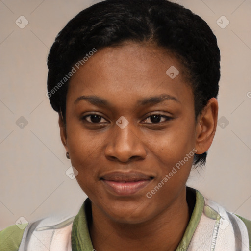 Joyful latino young-adult female with short  black hair and brown eyes