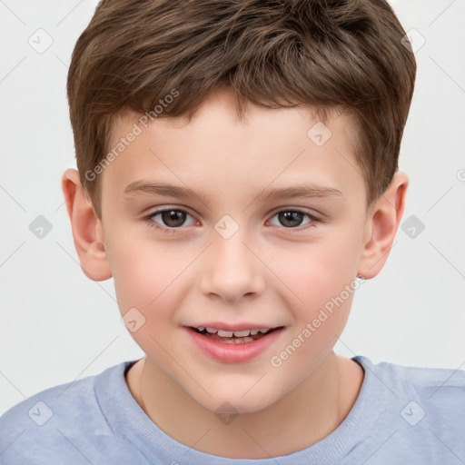 Joyful white child male with short  brown hair and brown eyes