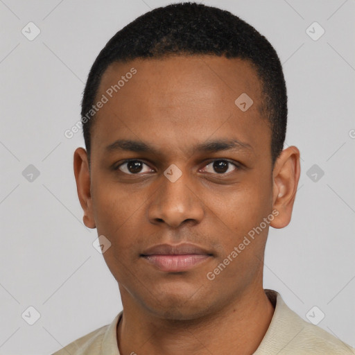 Neutral black young-adult male with short  black hair and brown eyes