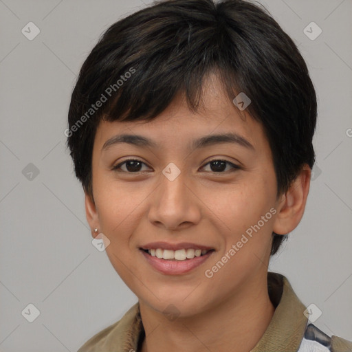 Joyful asian young-adult female with short  brown hair and brown eyes