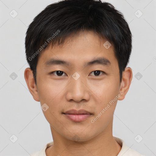 Neutral asian young-adult male with short  black hair and brown eyes