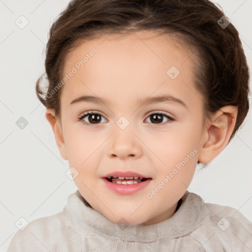 Joyful white child female with short  brown hair and brown eyes