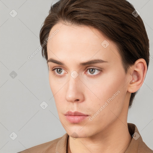 Neutral white young-adult female with short  brown hair and brown eyes