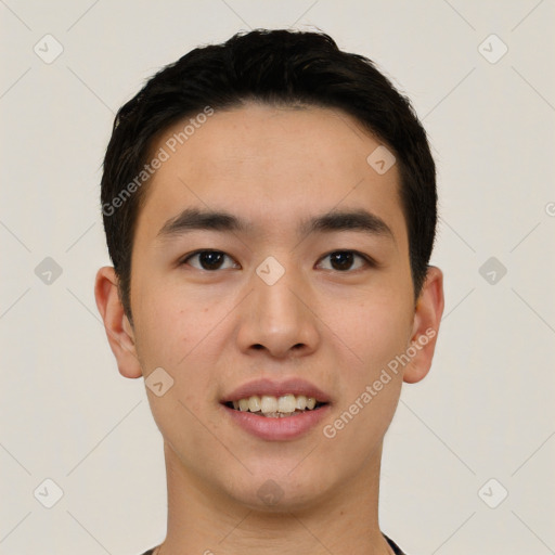 Joyful white young-adult male with short  black hair and brown eyes