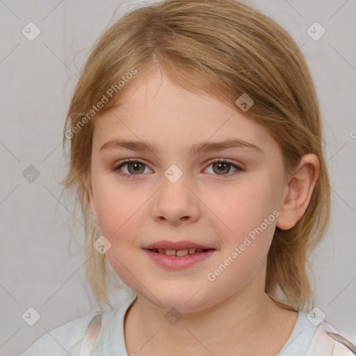 Joyful white child female with medium  brown hair and blue eyes