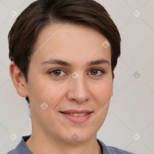 Joyful white young-adult female with short  brown hair and brown eyes