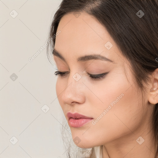 Neutral white young-adult female with medium  brown hair and brown eyes