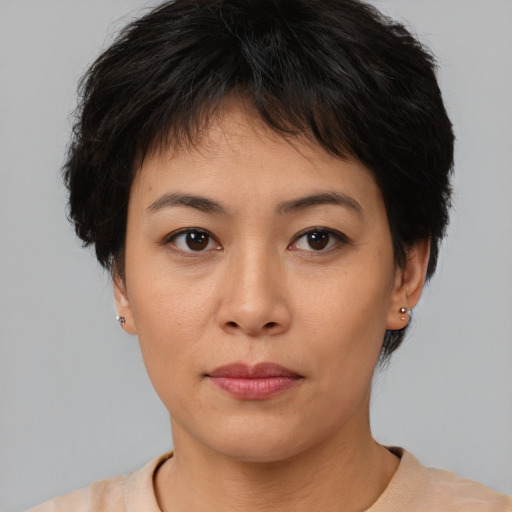 Neutral asian young-adult female with short  brown hair and brown eyes