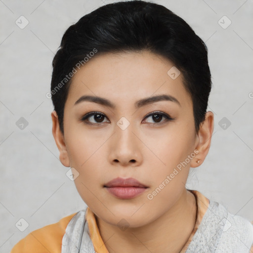 Neutral asian young-adult female with short  black hair and brown eyes