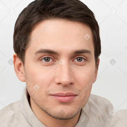 Neutral white young-adult male with short  brown hair and grey eyes