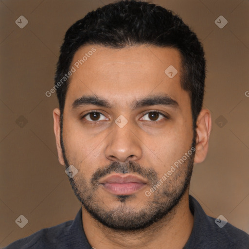 Neutral latino young-adult male with short  black hair and brown eyes