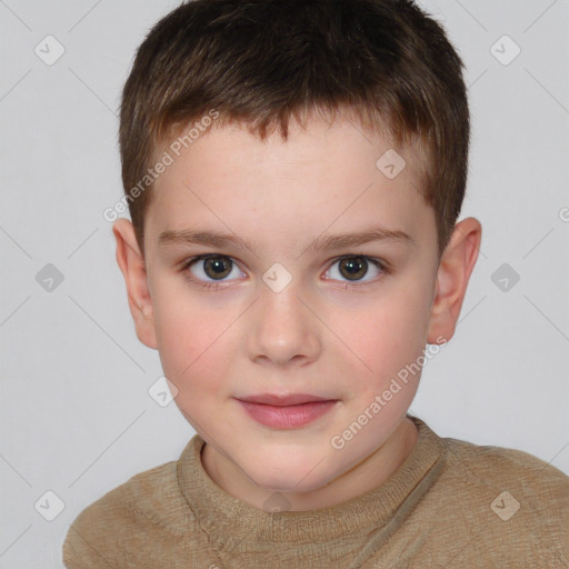 Joyful white child male with short  brown hair and brown eyes