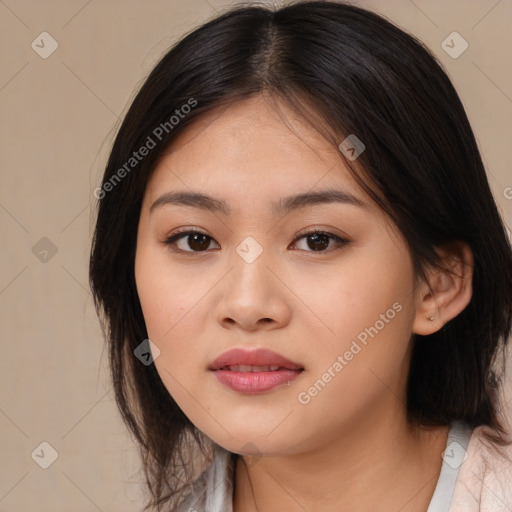 Neutral asian young-adult female with medium  brown hair and brown eyes