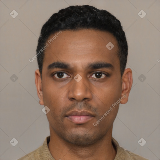 Neutral latino young-adult male with short  black hair and brown eyes