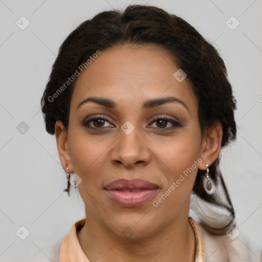 Joyful latino young-adult female with medium  brown hair and brown eyes