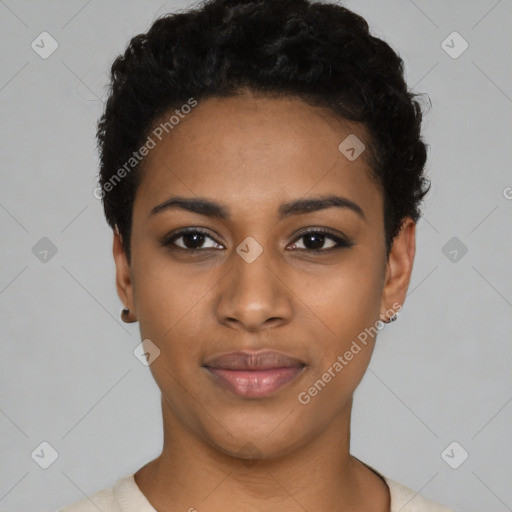 Joyful black young-adult female with short  black hair and brown eyes