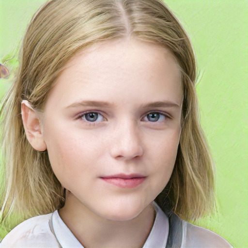 Neutral white child female with medium  brown hair and blue eyes