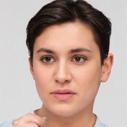 Neutral white young-adult female with short  brown hair and brown eyes