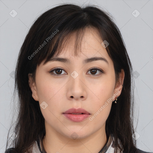 Neutral asian young-adult female with medium  brown hair and brown eyes