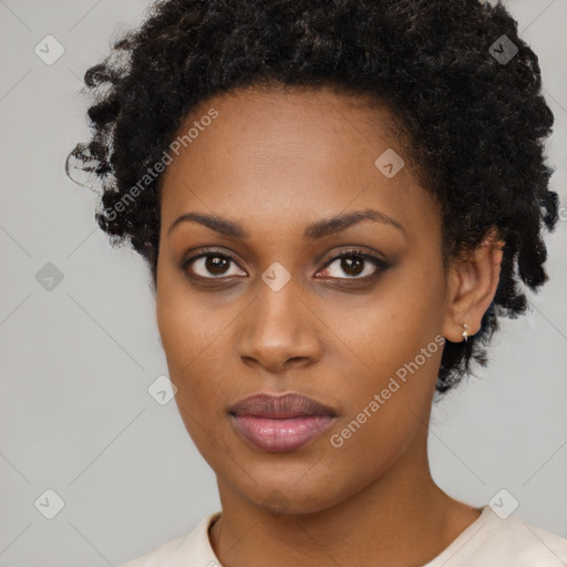 Neutral black young-adult female with short  black hair and brown eyes