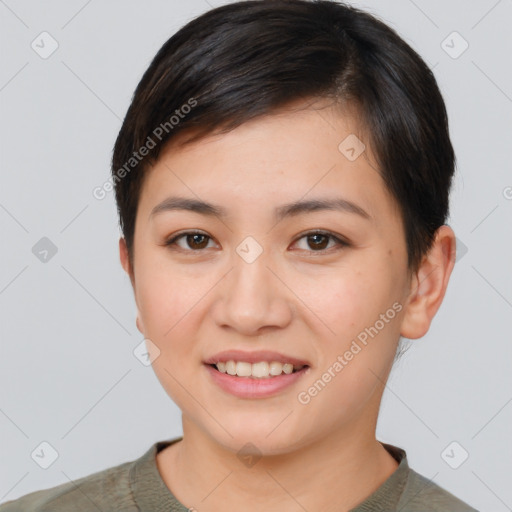 Joyful white young-adult female with short  brown hair and brown eyes