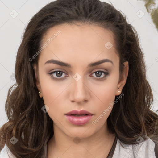 Neutral white young-adult female with long  brown hair and brown eyes