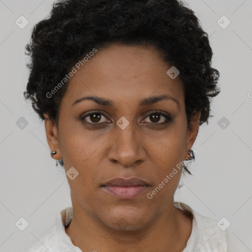 Neutral black adult female with short  brown hair and brown eyes