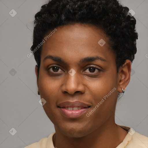 Joyful black young-adult female with short  brown hair and brown eyes