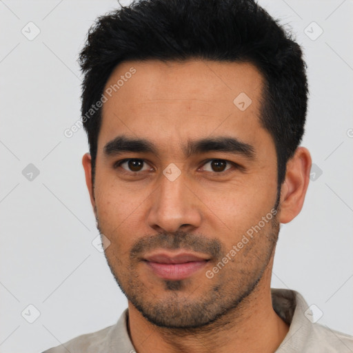 Neutral asian young-adult male with short  black hair and brown eyes