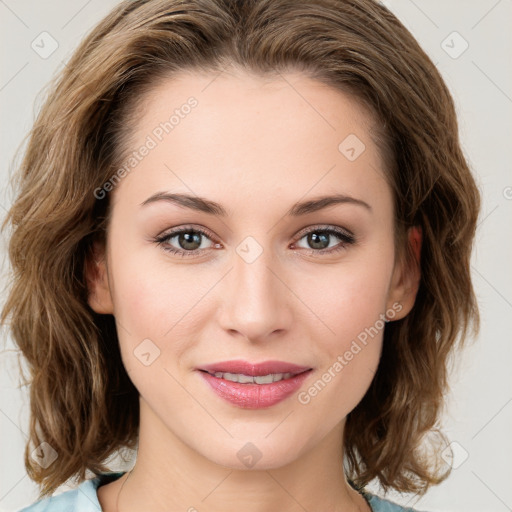 Joyful white young-adult female with medium  brown hair and green eyes