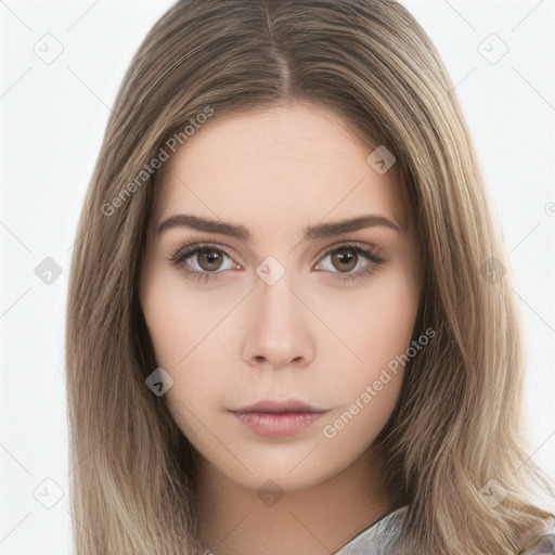 Neutral white young-adult female with long  brown hair and brown eyes