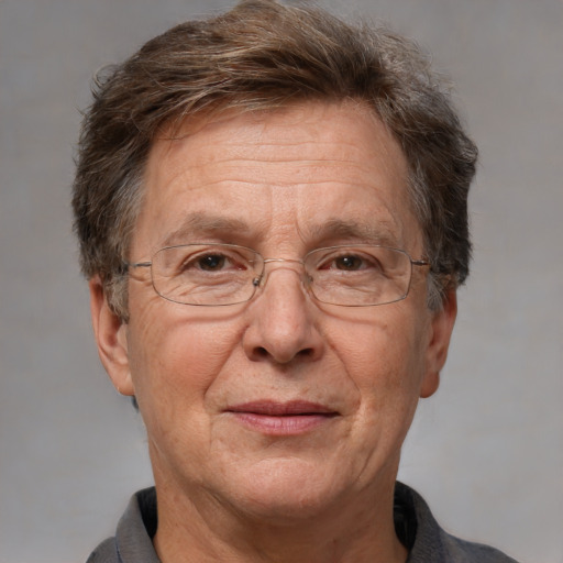 Joyful white middle-aged male with short  brown hair and brown eyes