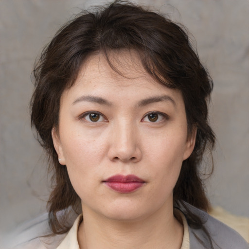 Neutral white young-adult female with medium  brown hair and brown eyes
