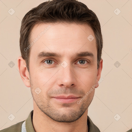 Neutral white young-adult male with short  brown hair and grey eyes